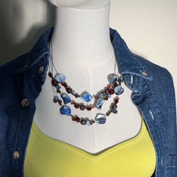 Handmade Wire Blue and Brown Beaded Layer Necklace - Picture 2 of 7